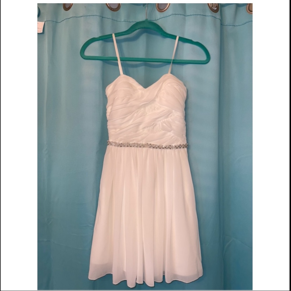 Strapless white mini dress with rhinestones